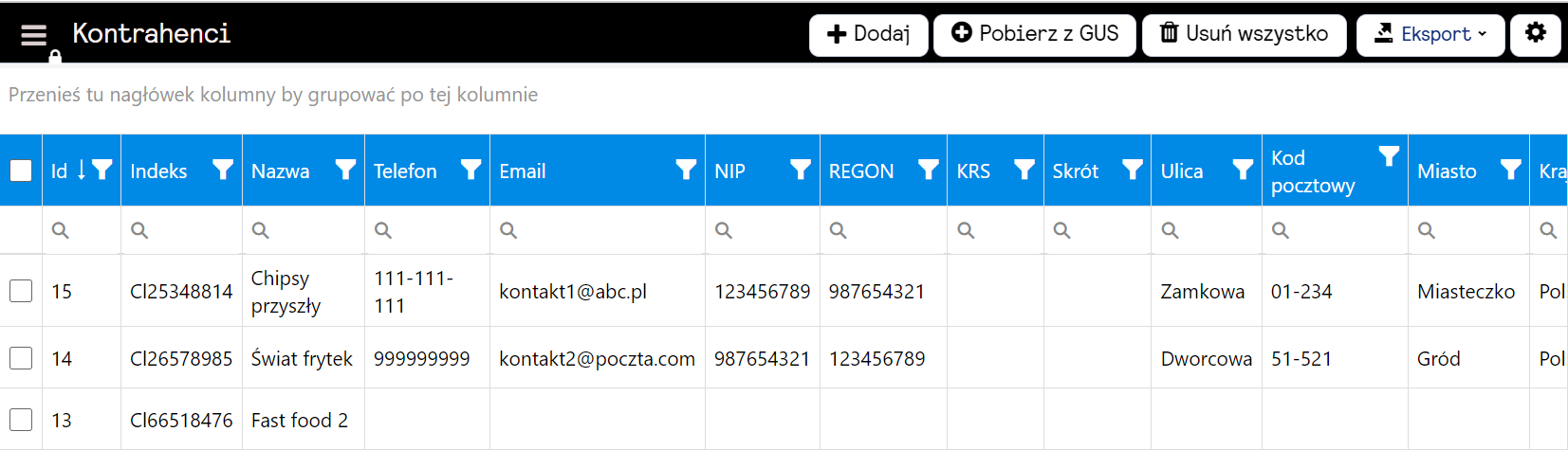 Nowy widok tabeli kontrahentów